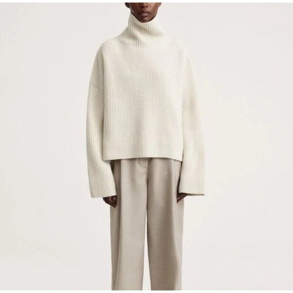 Toteme Sweater Wool-Blend Rib Knit Turtleneck Sz L Quiet Luxury Minimalist